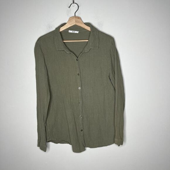 Zuiki Top Women Medium Green Gauzy Cotton Button Up Lagenlook Casual Lightweight - Picture 1 of 10
